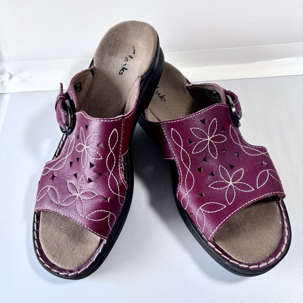 Clarks Red Leather Women's 8 Buckle Slide Shoes Floral Cut Out White Stitching